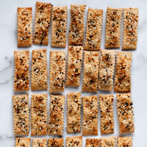 Homemade crackers in rows.