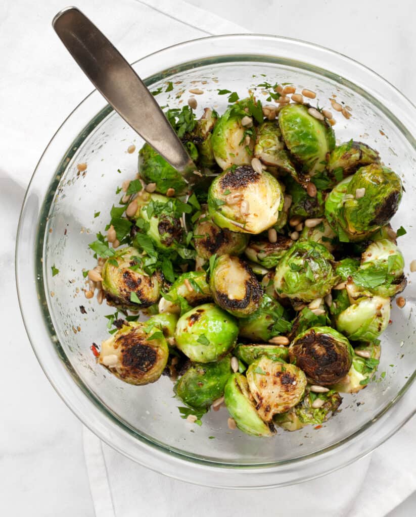 Stir the brussels sprouts in the honey mustard marinade