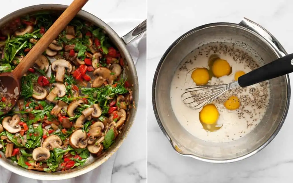 Saute the veggie filling on the stove. Whisk together the eggs and milk in a bowl.
