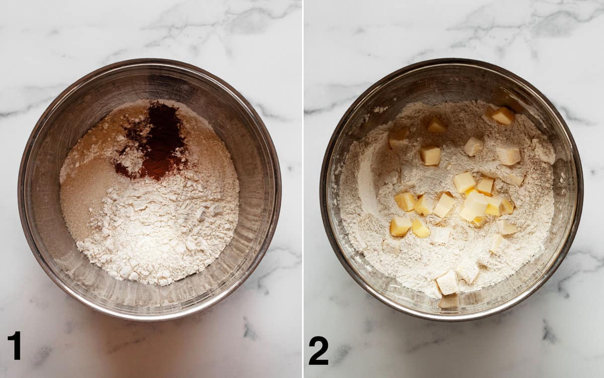 Dry ingredients in a large bowl. Butter cubed in dry ingredients.