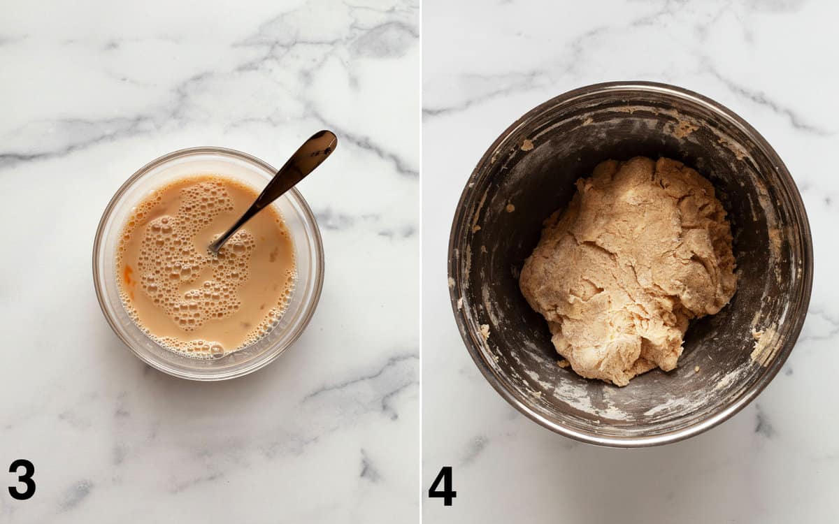 Wet ingredients mixed in a small bowl. Dough in a large bowl.