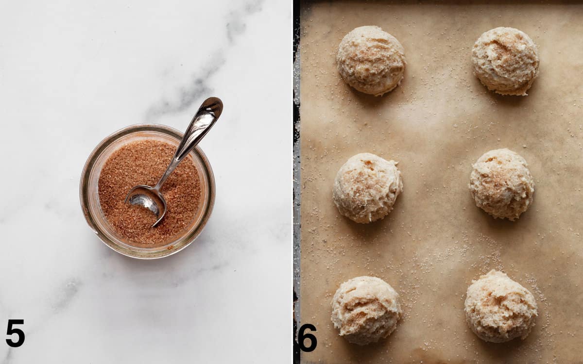 Cinnamon sugar in a small bowl. Scones on a sheet pan before they are baked.