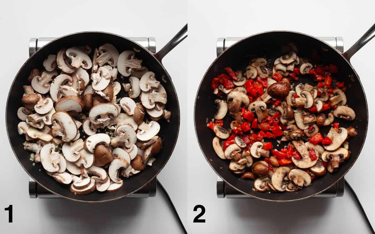 Mushrooms sauteing in skillet. Peppers and garlic stirred into sauteed mushrooms.