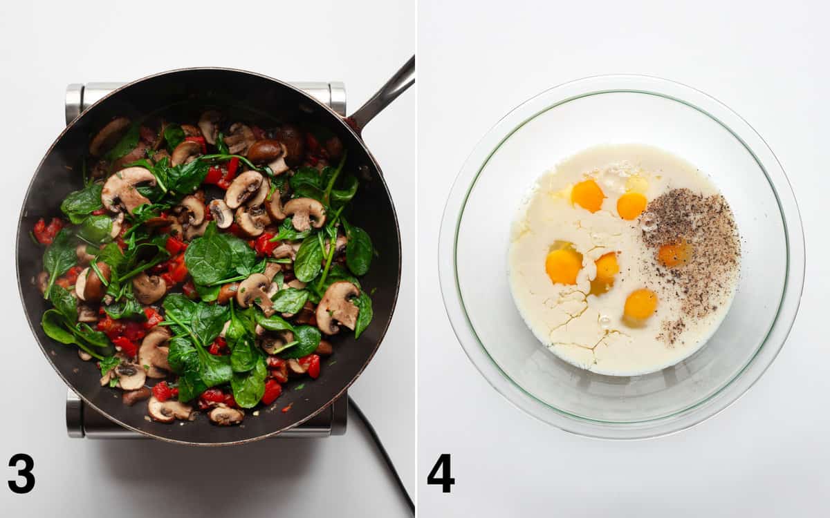 Spinach and parsley stirred into veggie filling cooking in skillet. Eggs, milk, salt and pepper in a bowl.