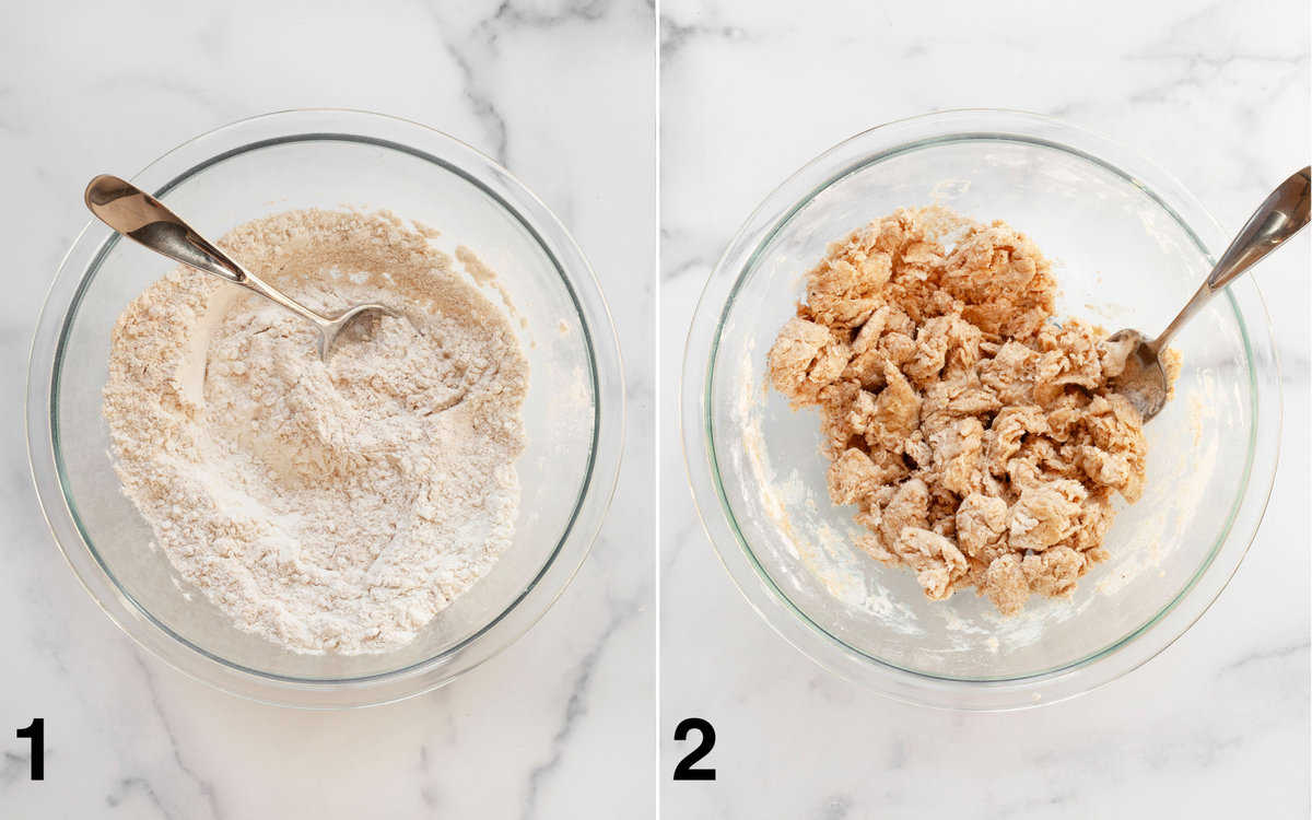 Dry ingredients in a bowl. Shaggy dough in the bowl after wet ingredients stirred into dry ingredients.