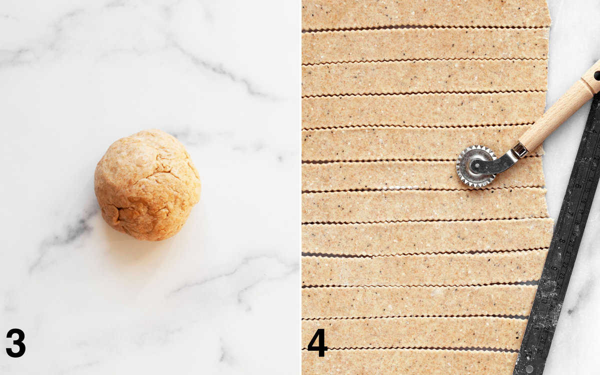 A smooth ball of dough formed. Dough rolled out and starting to be cut into row with a fluted pastry cutter and a ruler.