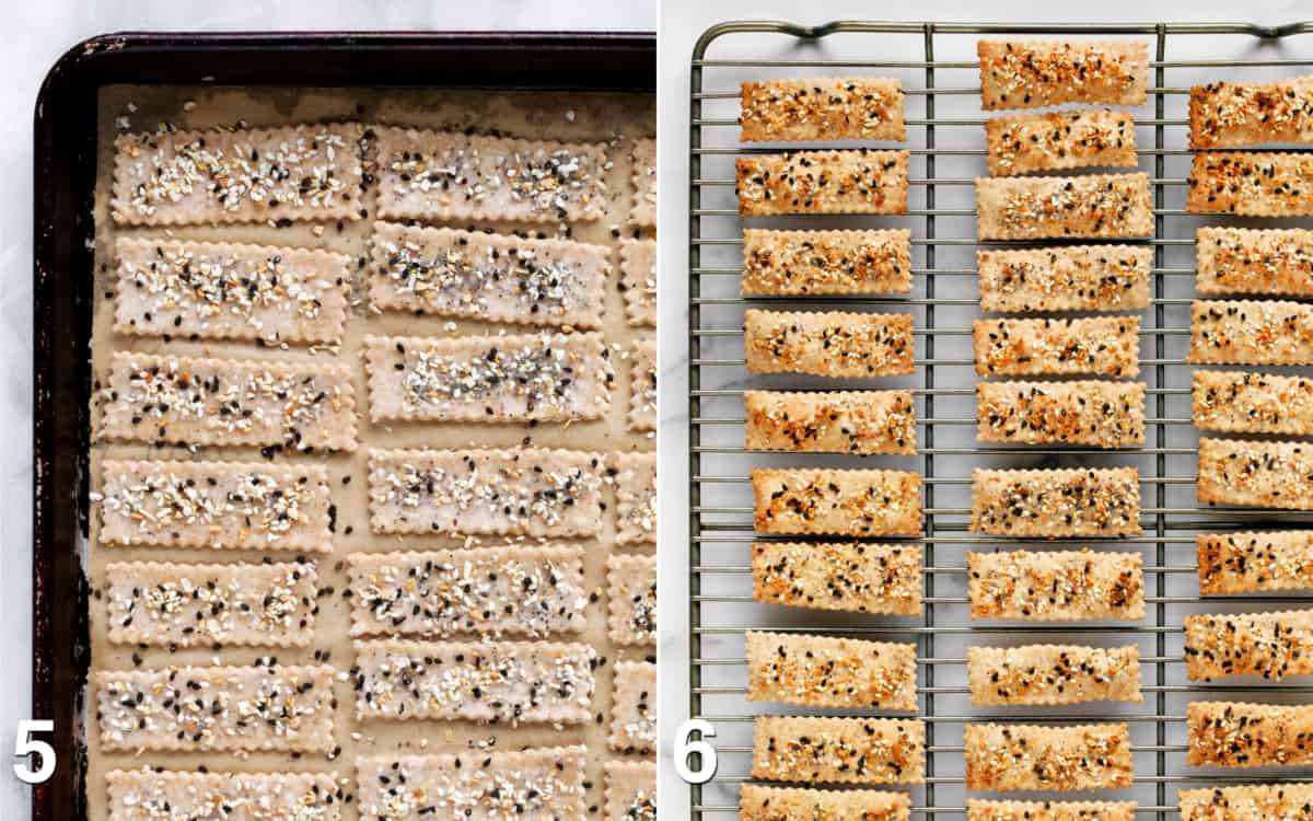 Unbaked cracker son a sheet pan. Baked crackers cooling on a wire rack.