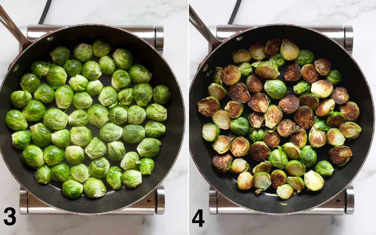 Brussels sprouts sauteing cut side down in a skillet. Browned and caramelized brussels sprouts in a skillet.