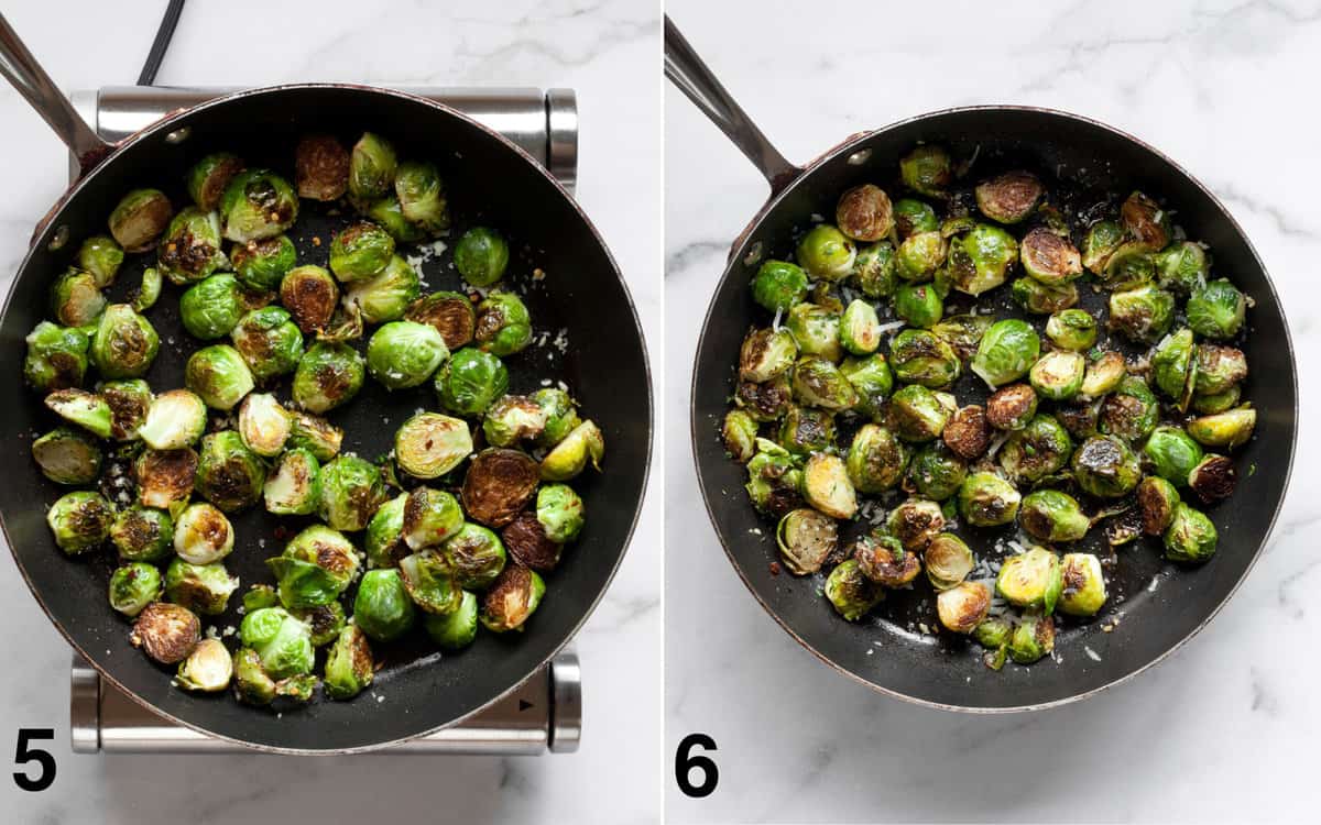 Browned brussels sprouts with garlic and spices in a skillet. Brussels sprouts in a skillet garnished with Parmesan and parsley.