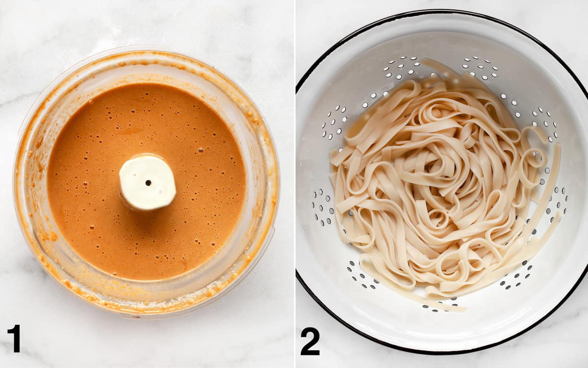 Peanut sauce in a food processor bowl and udon noodles in a colander.