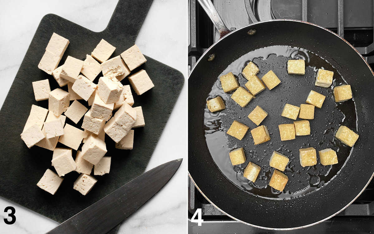 Cubed tofu on a cutting board and tofu sauteing in a pan on the stove.