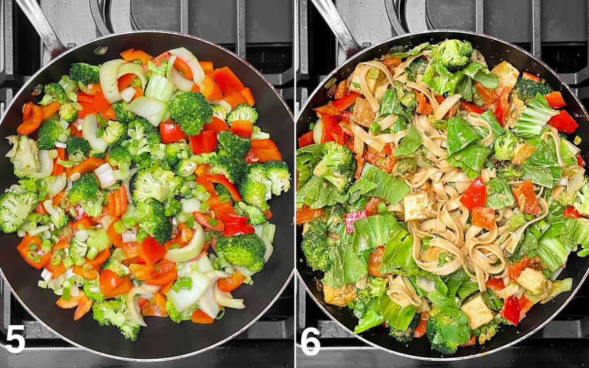 Vegetables in a skillet stir-frying. Then with noodles, greens and sauce stirred into them
