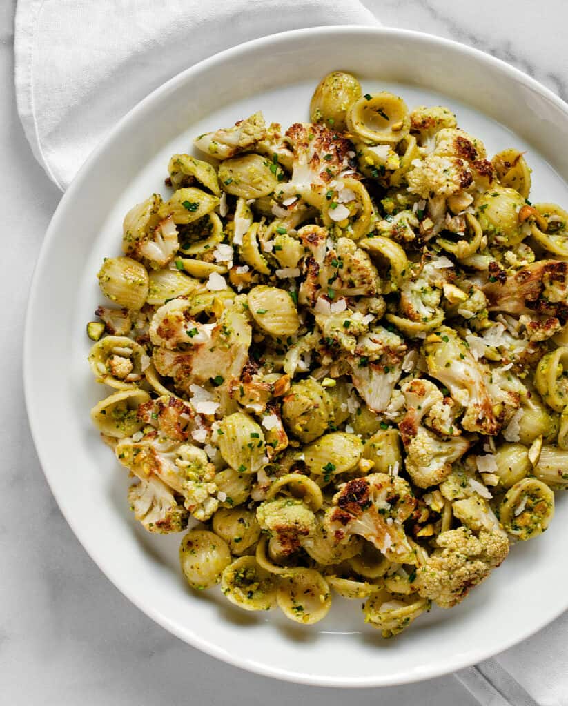 Roasted Cauliflower Spinach Pesto Pasta