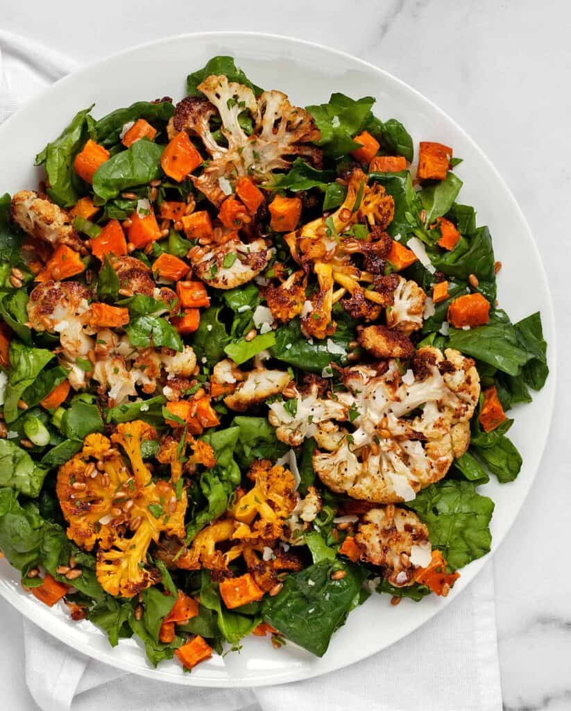 Roasted Sweet Potato Cauliflower Spinach Salad