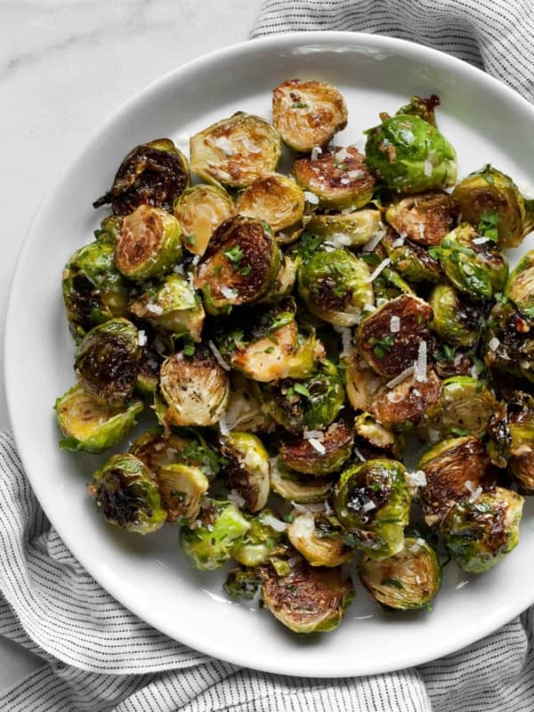 Caramelized brussels sprouts on a plate.