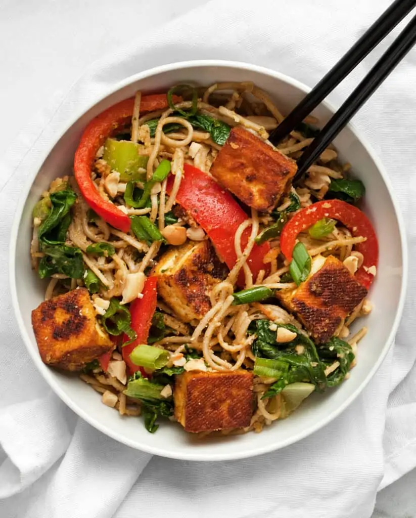 Tofu Peanut Stir-Fry with Red Peppers and Bok Choy