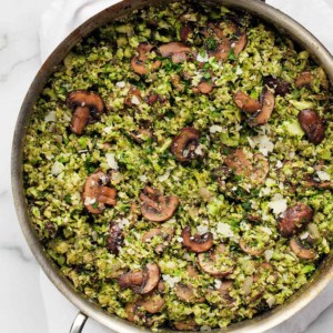 Balsamic Mushroom Broccoli Rice in a skillet