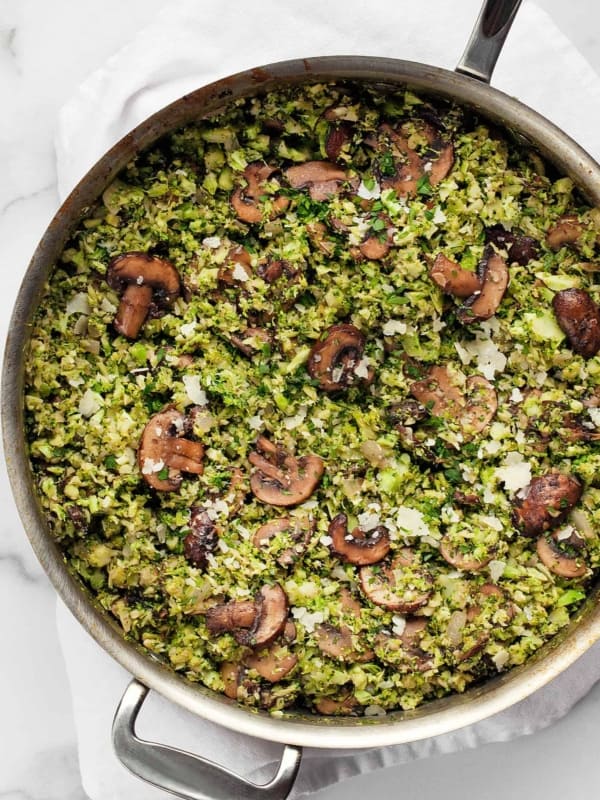 Balsamic Mushroom Broccoli Rice in a skillet