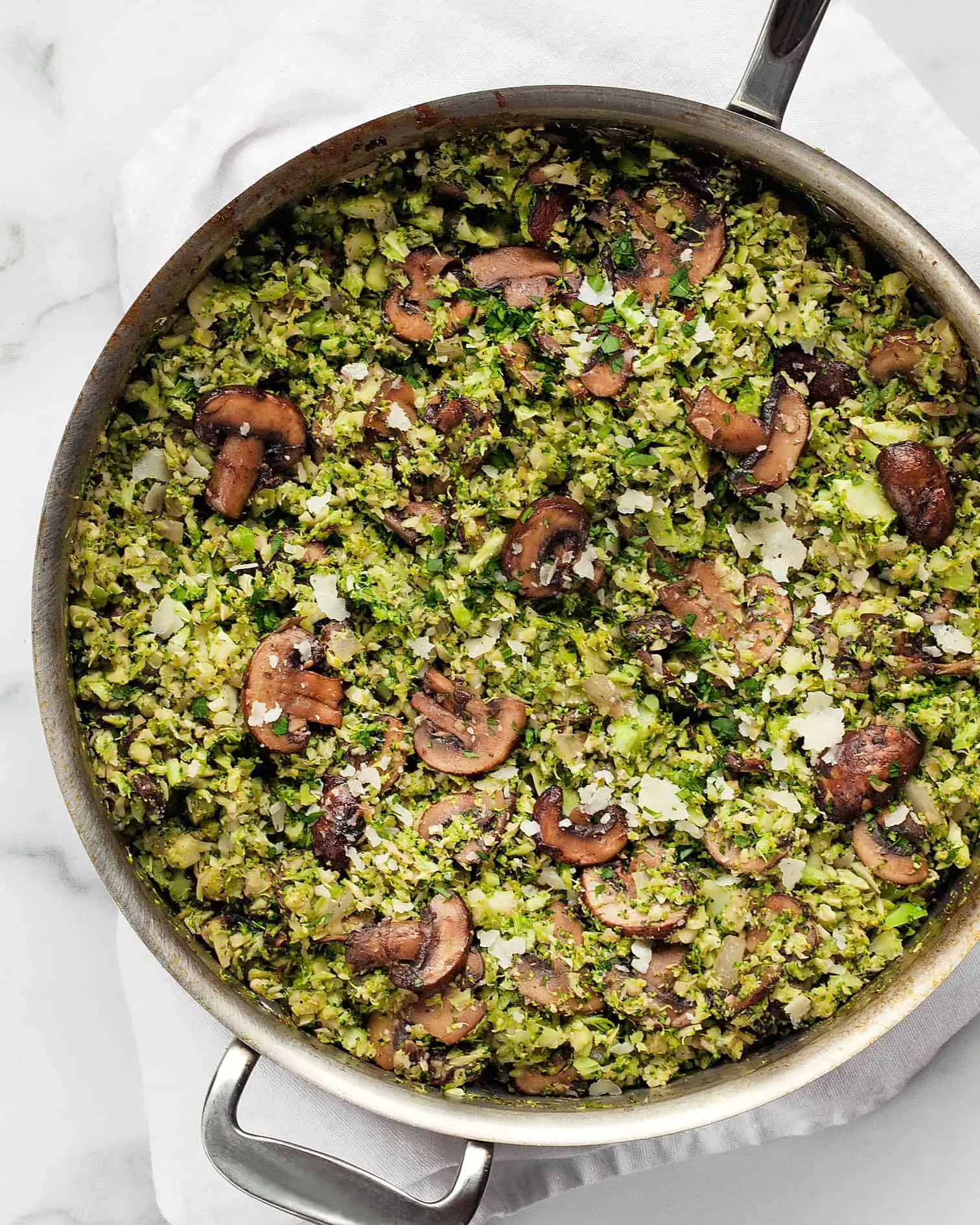 Balsamic Mushroom Broccoli Rice in a skillet