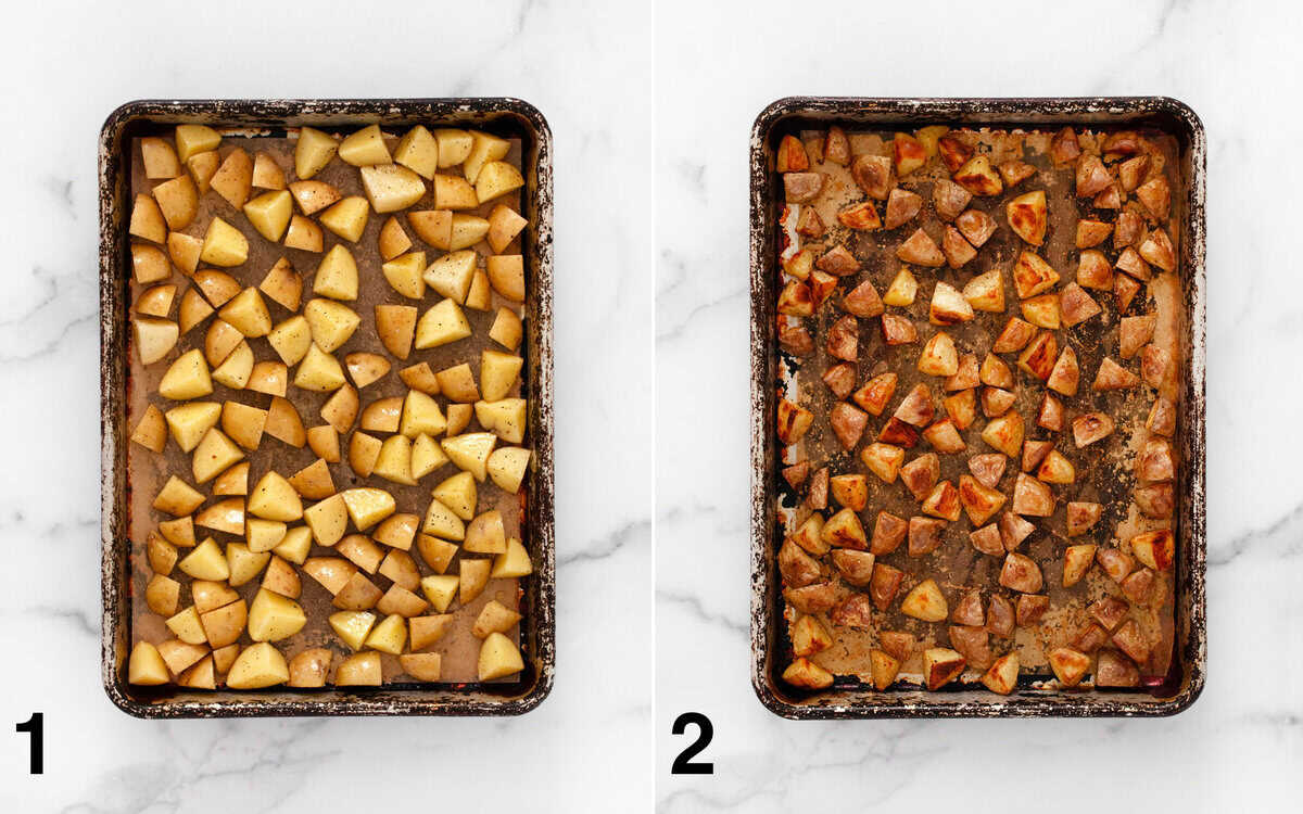 Diced potatoes on a sheet pan before and after they roast in the oven.