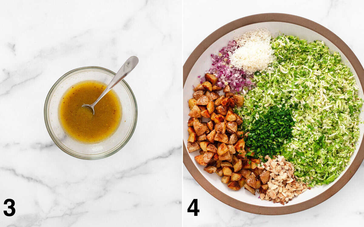 Viniagrette in a small bowl. Salad ingredients assembled in a large bowl.