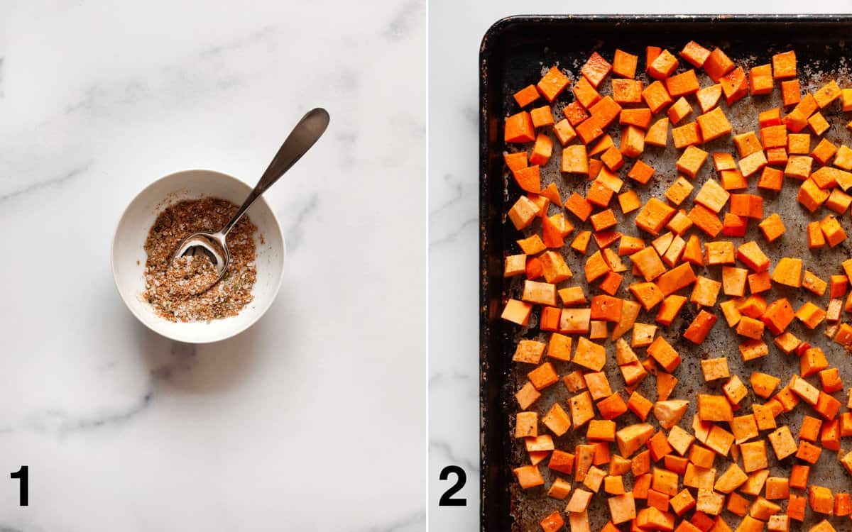 Spices mixed in a small bowl. Sweet potatoes on a sheet pan.