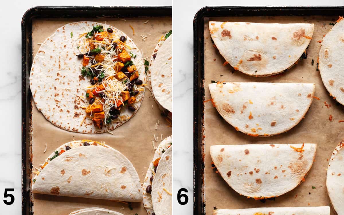 Quesadillas assembled on a sheet pan before and after they bake.