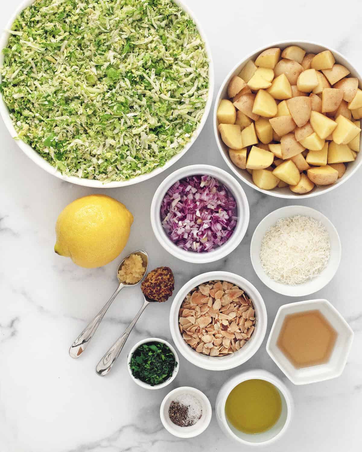 Ingredients including shredded brussels sprouts, diced potatoes, red onions, lemon. grated parmesan, sliced almonds, olive oil, white wine vinegar, mustard, minced garlic, parsley, salt and pepper.