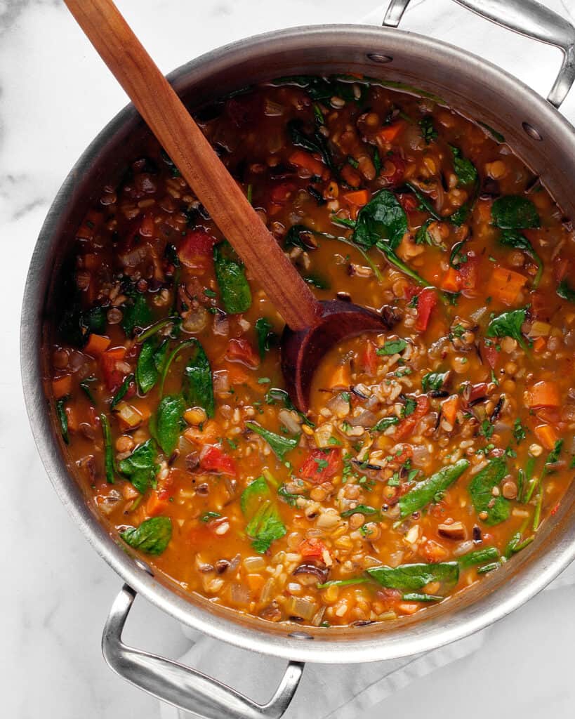 Wild rice and lentil soup in a large pot