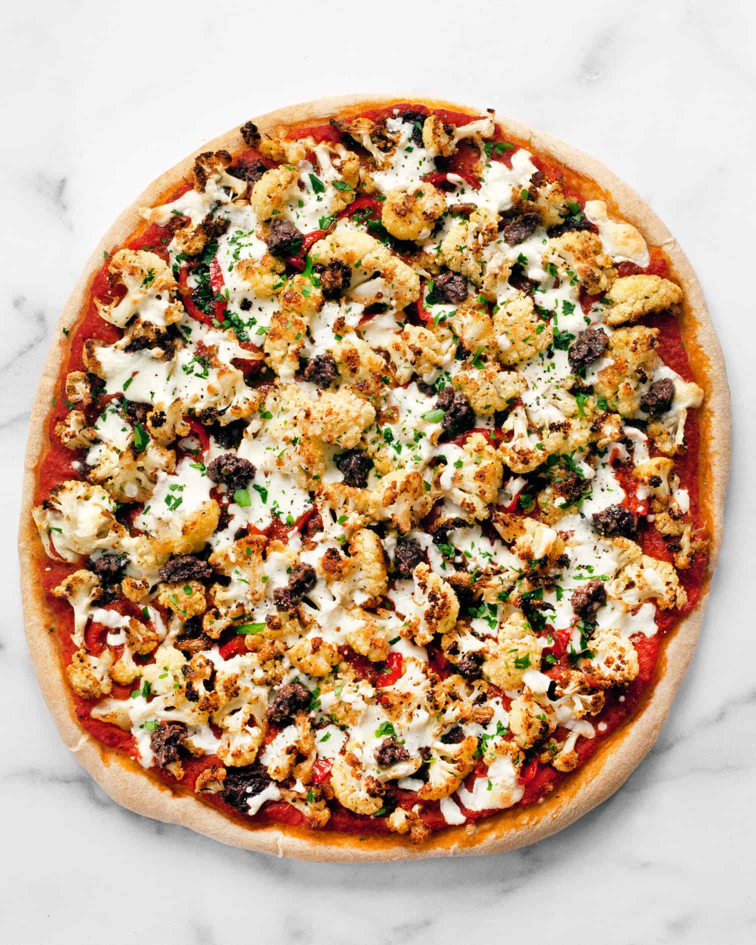 Roasted Cauliflower Olive Tapenade Pizza Last Ingredient