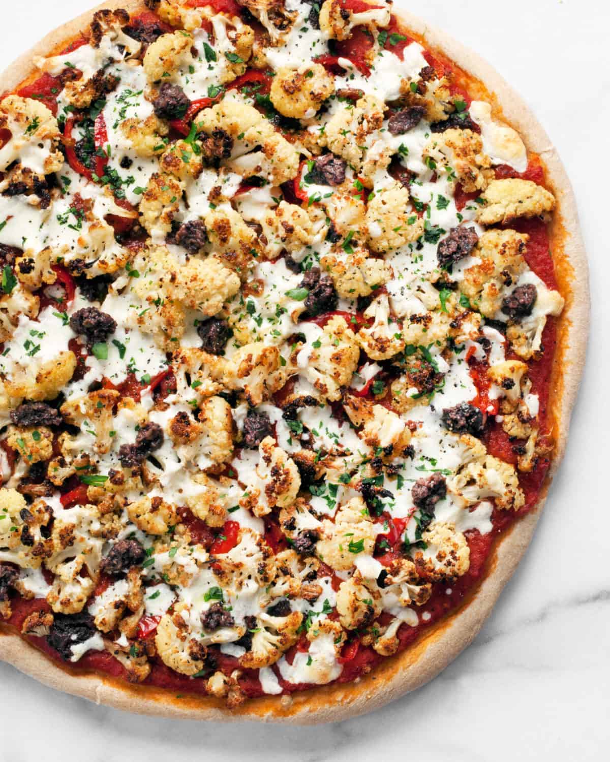 Roasted Cauliflower Olive Tapenade Pizza Last Ingredient