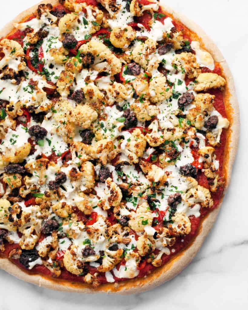 Roasted Cauliflower Olive Tapenade Pizza