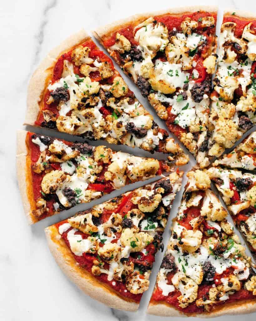 Pizza with roasted cauliflower and olives