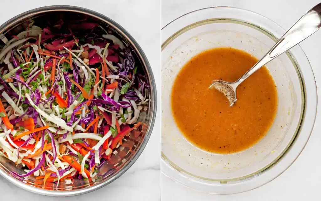 Combine the salad ingredients including, cabbage, peppers and carrots in a large bowl. Whisk together the almond ginger vinaigrette in a small bowl