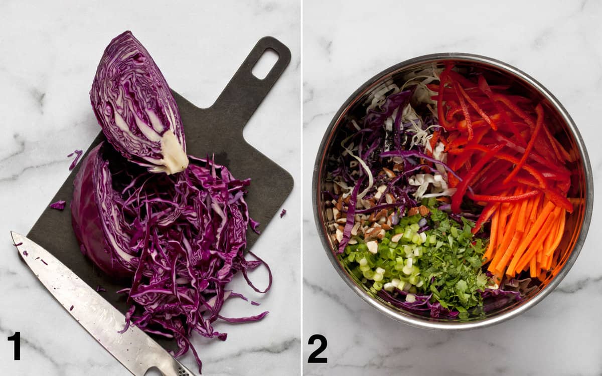 Shredded cabbage on a cutting board. Salad ingredients assembled in a bowl.