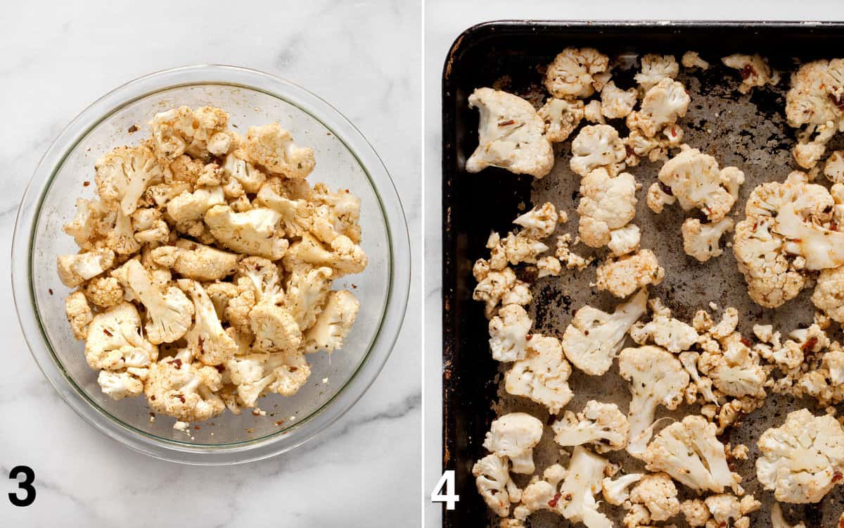 Cauliflower stirred into marinade in a bowl. Marinated cauliflower on a sheet pan before it is roasted.