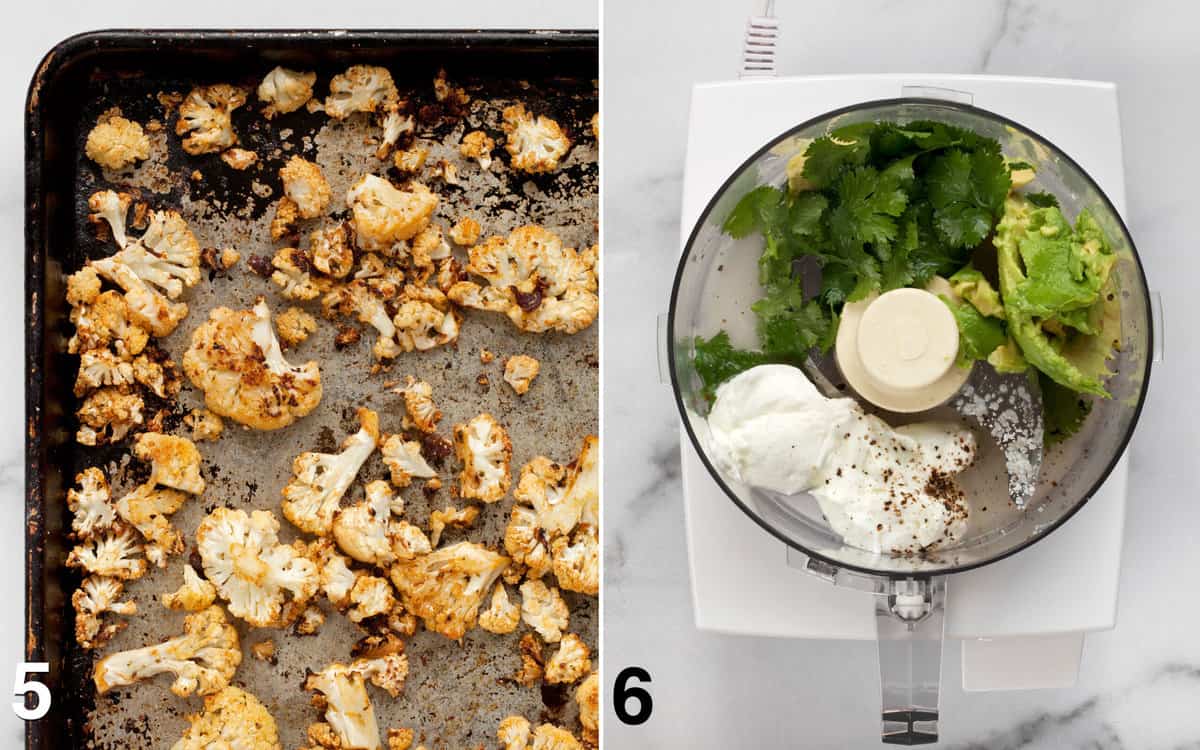 Roasted cauliflower on a sheet pan. Ingredients for avocado crema in a food processor.