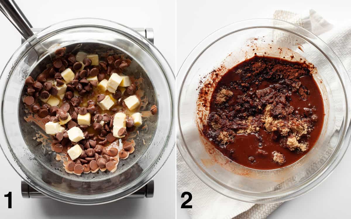 Chocolate chips and butter melting in a bowl over a double boiler. Cocoa powder, sugars and other ingredients stirred into melted chocolate mixture.