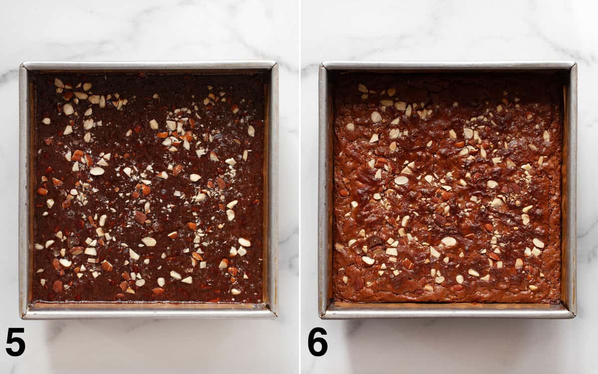 Brownies in pan before and after they are baked.