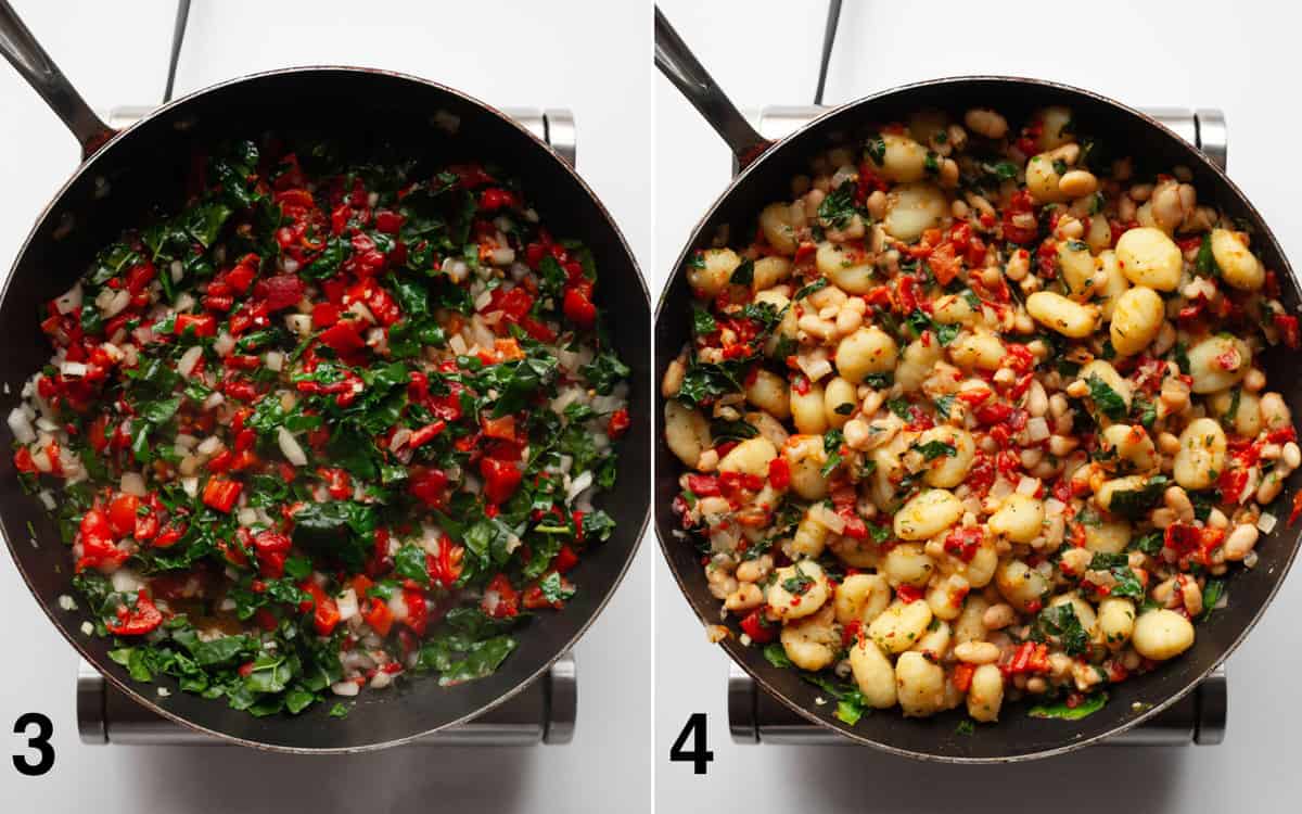 Sauté the red peppers and kale. Then stir in the gnocchi, white beans and seasonings.