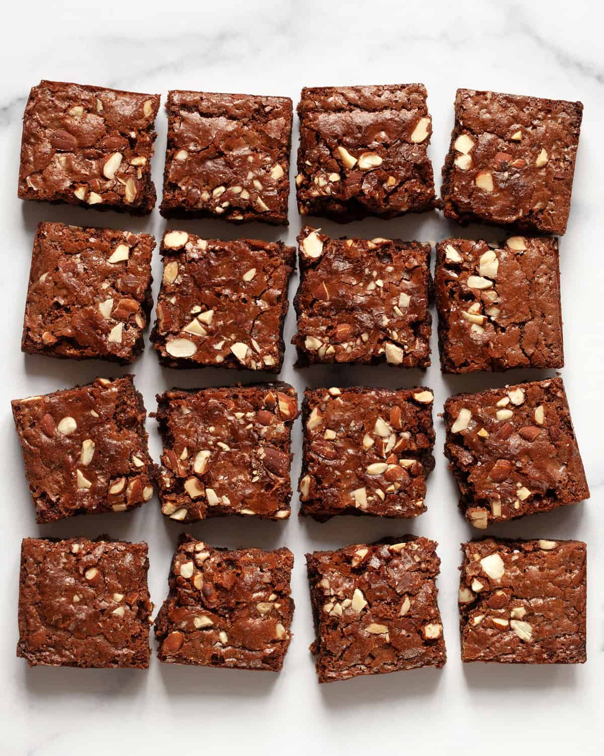 16 brownies cut into squares in 4 rows.