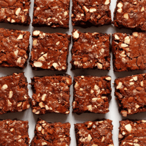 Sliced brownies in rows.