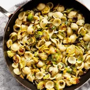 Roasted Brussels Sprout Pasta in a skillet