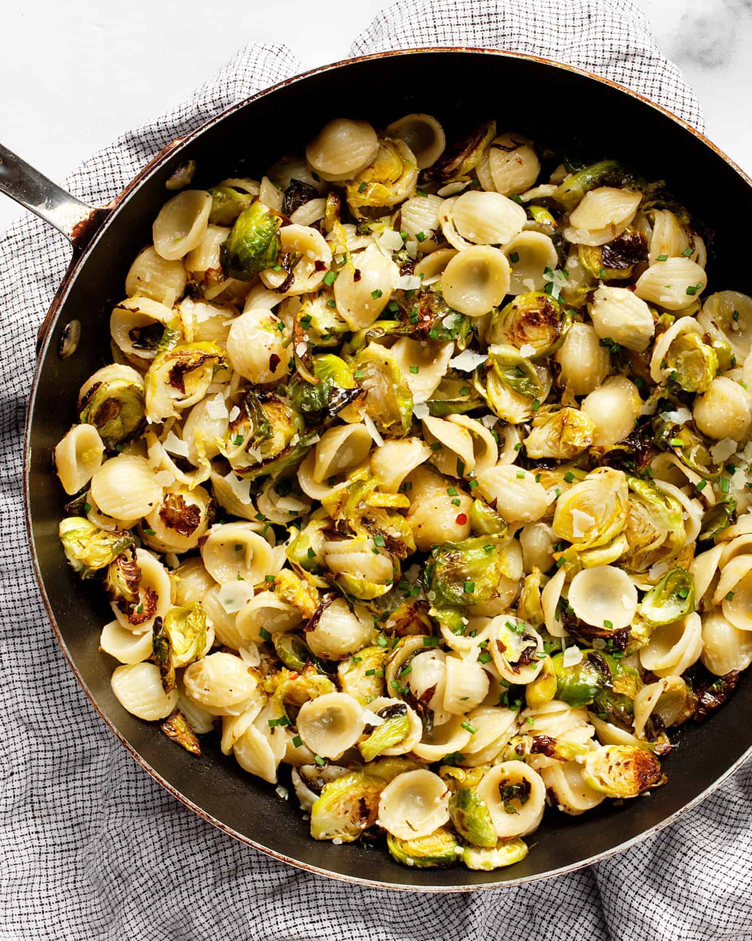 Roasted Brussels Sprout Pasta in a skillet