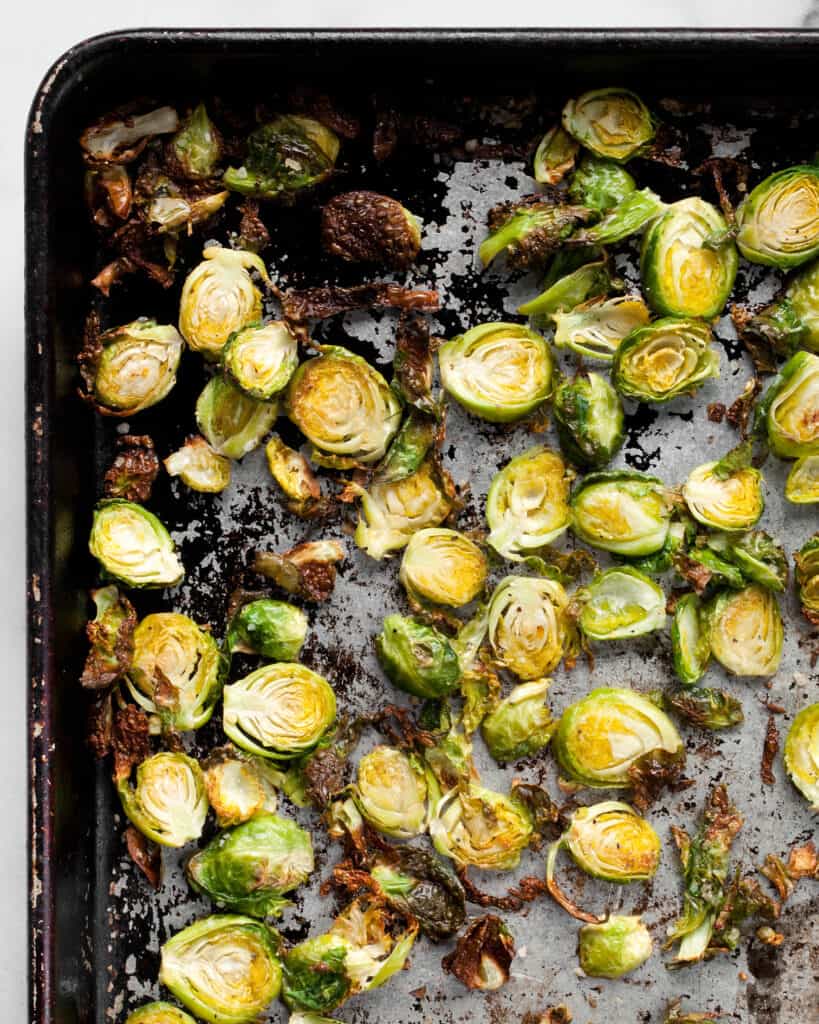 Roasted brussels sprouts on a sheet pan