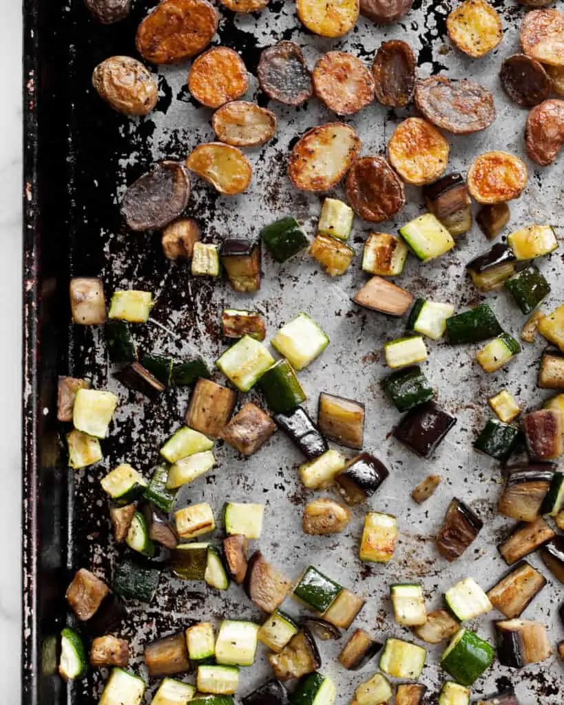 Roasted zucchini, eggplant and potatoes on sheet pan