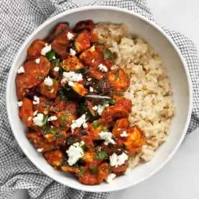 Roasted Eggplant Zucchini Tomato Stew with couscous