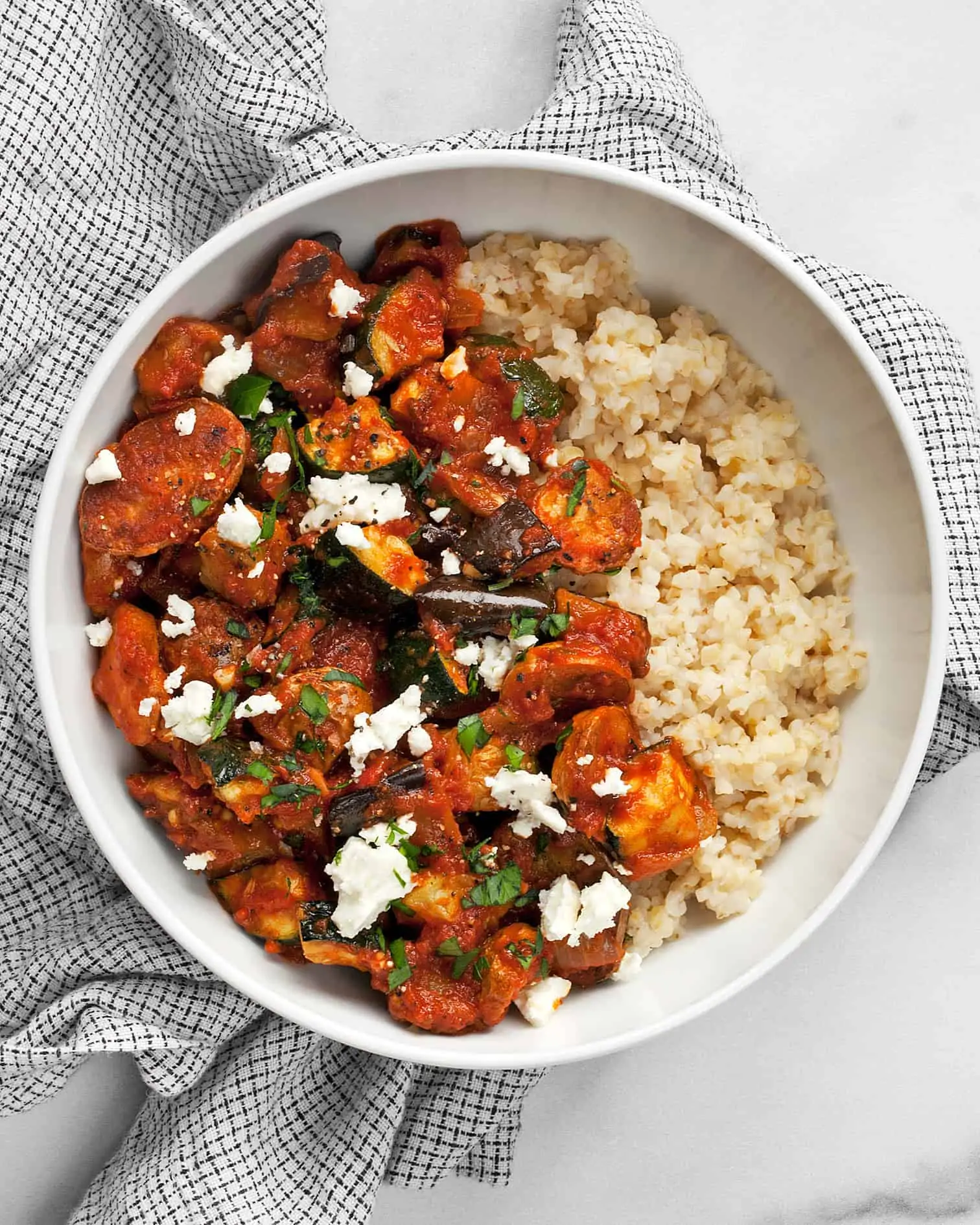 Roasted Eggplant Zucchini Tomato Stew with couscous