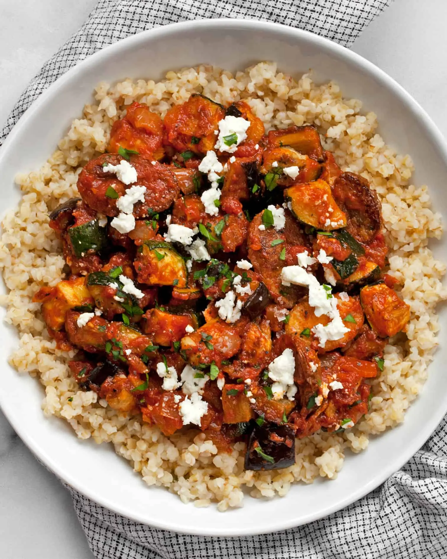 Roasted Eggplant Zucchini Tomato Stew with couscous