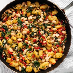 Red Pepper White Bean Gnocchi in a skillet
